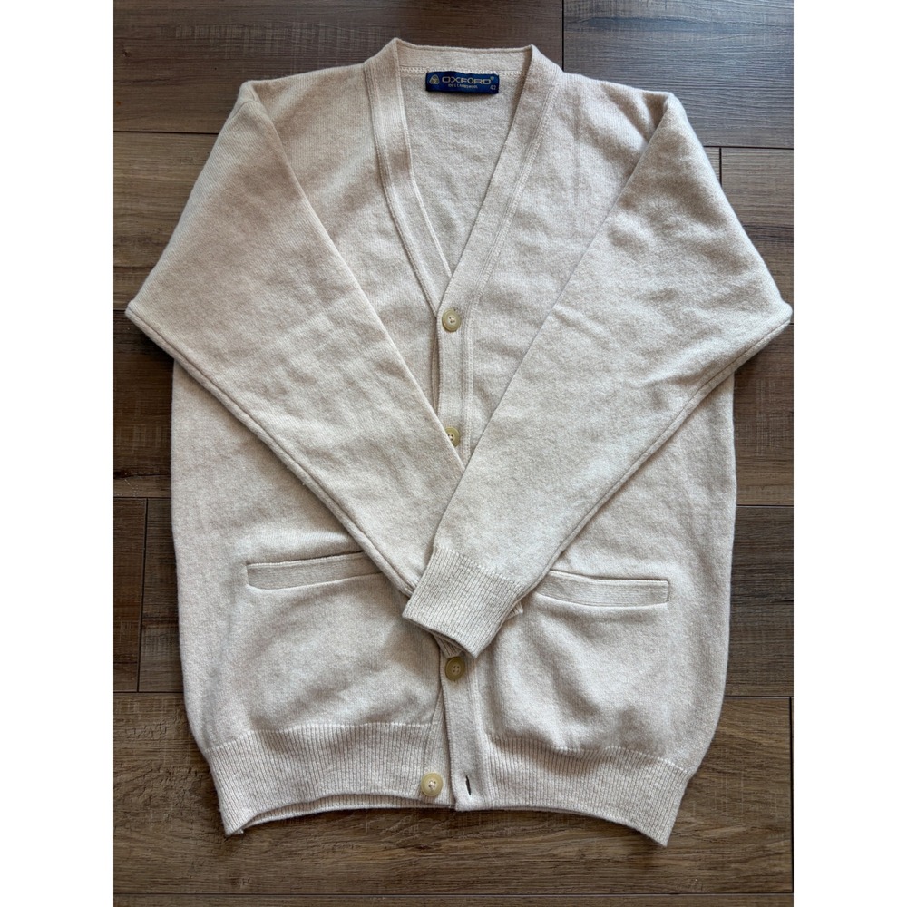 Oxford Mens 100% Lambswool Cardigan Beige Button Front Pockets Size 42 Academia
